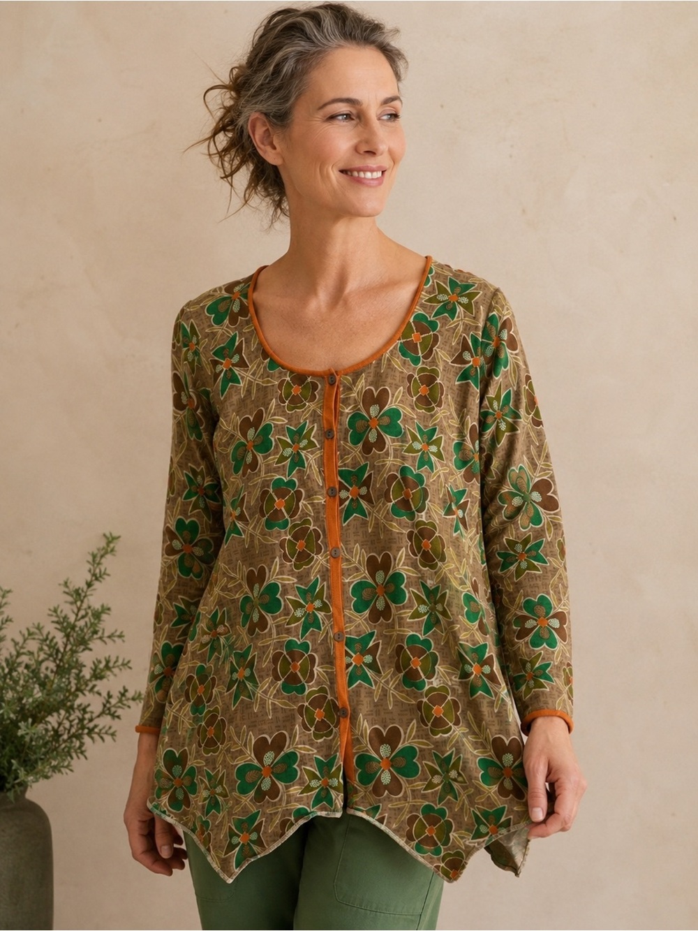 Gudrun Sjödén M Organic Cotton Floral Cardigan Tunic Green Brown Orange